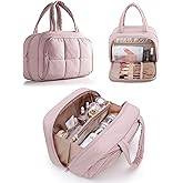 Marscamd Travel Toiletry Bag for Women with Hanging Hook, Water Resistant Puffy Makeup Organizer with Leak Proof Pockets for Toiletries and Cosmetics - Pink (Bag Only)