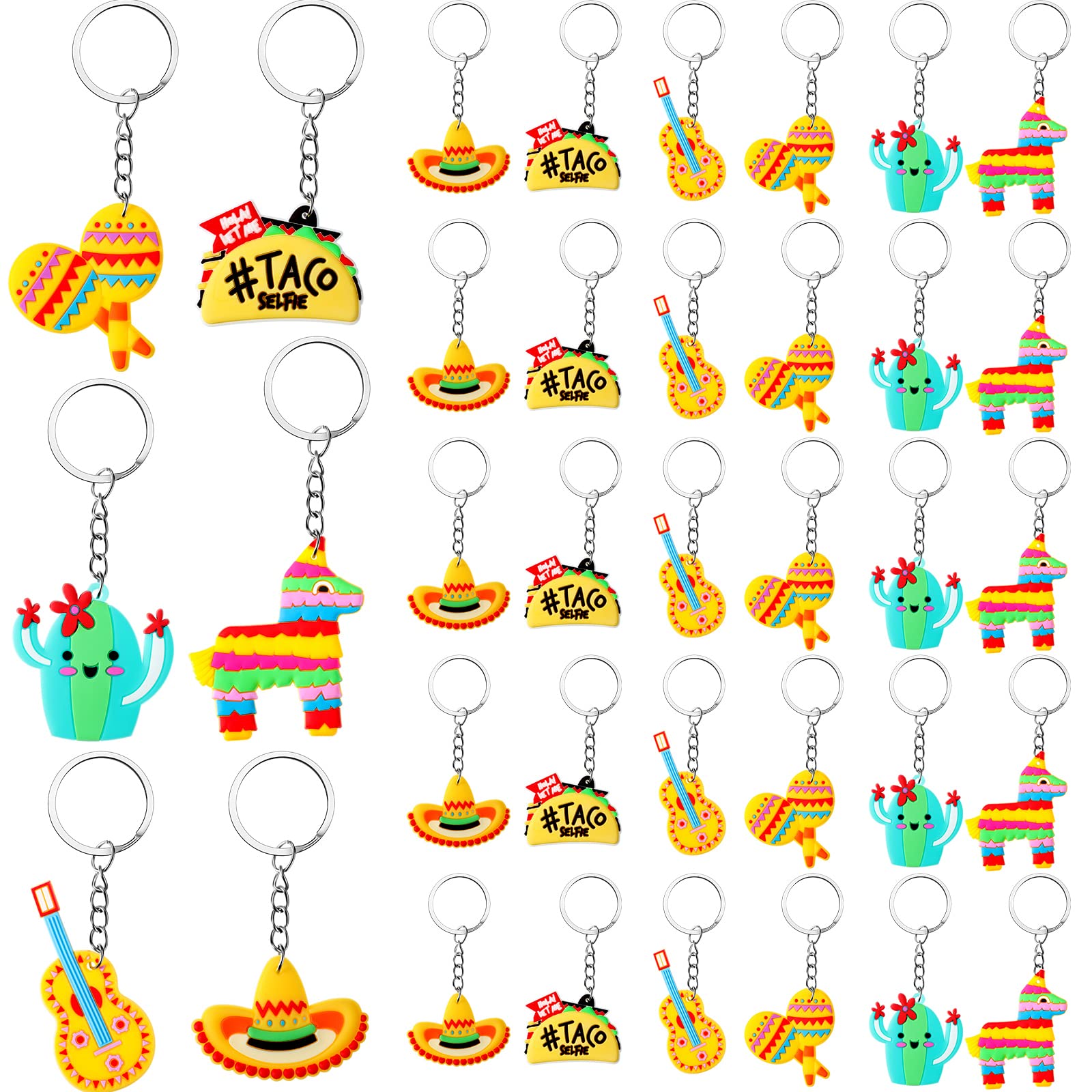Photo 1 of 36 Pcs Mexican Keychain Cute Fiesta Party Favors Cactus Keychain Cinco De Mayo Keychain Sombrero Key Chain Donkey Maraca Taco Guitar Keyrings for Mexican Fiesta Themed Party Decorations Supplies