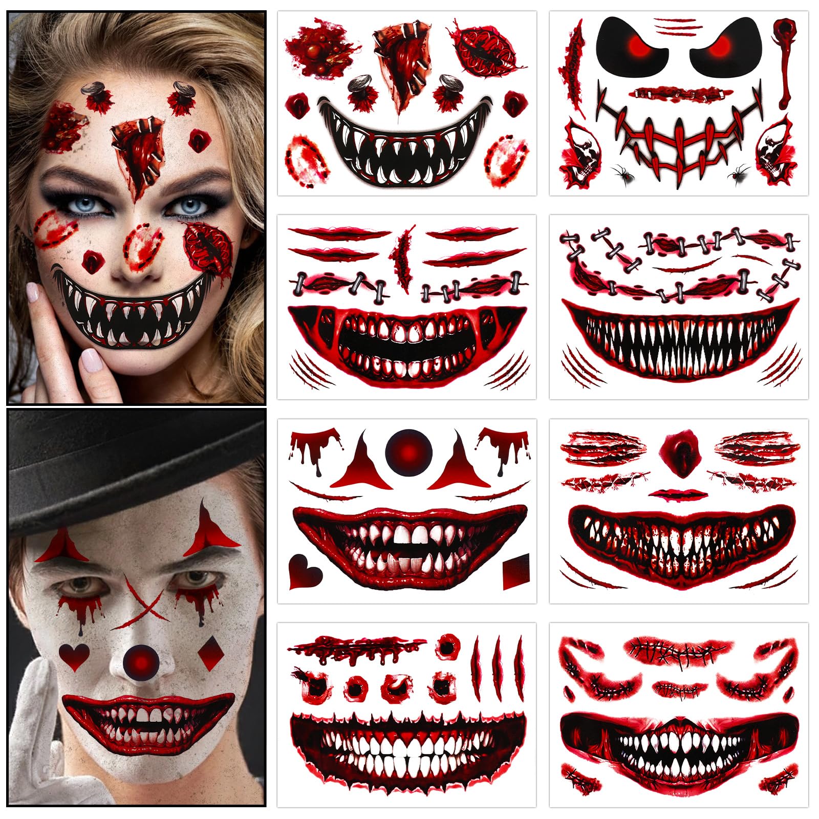 DPKOW Halloween Tattoos Temporary Zombie Tattoos Halloween Face Tattoos Ephemere Tattoos Scar Mouth Tattoos Halloween Makeup Accessories Fake Tattoos 6 Sheets
