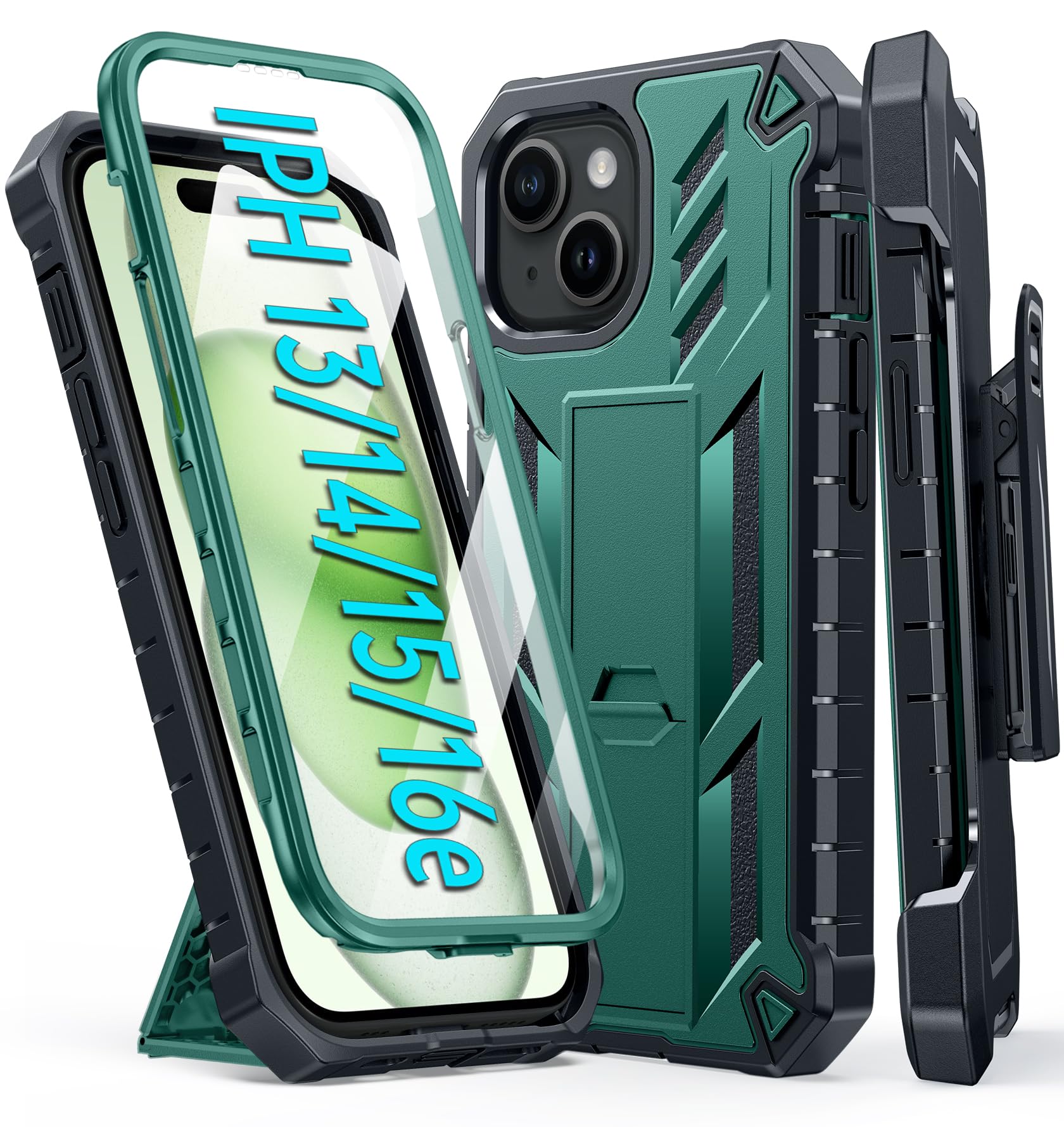 FNTCASE for iPhone 15 Phone Case: for iPhone 14 & 13 & 16e Case Military Shockproof Protective Rugged Cell Phone Cover with Kickstand & Belt-Clip Holster, Heavy Duty Hard Cases 5G - 6.1 Inch Green