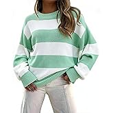 Women Loose Striped Sweater Color Block Pullover Tops Lantern Sleeve Crewneck Knit Fall Winter Sweaters for Women
