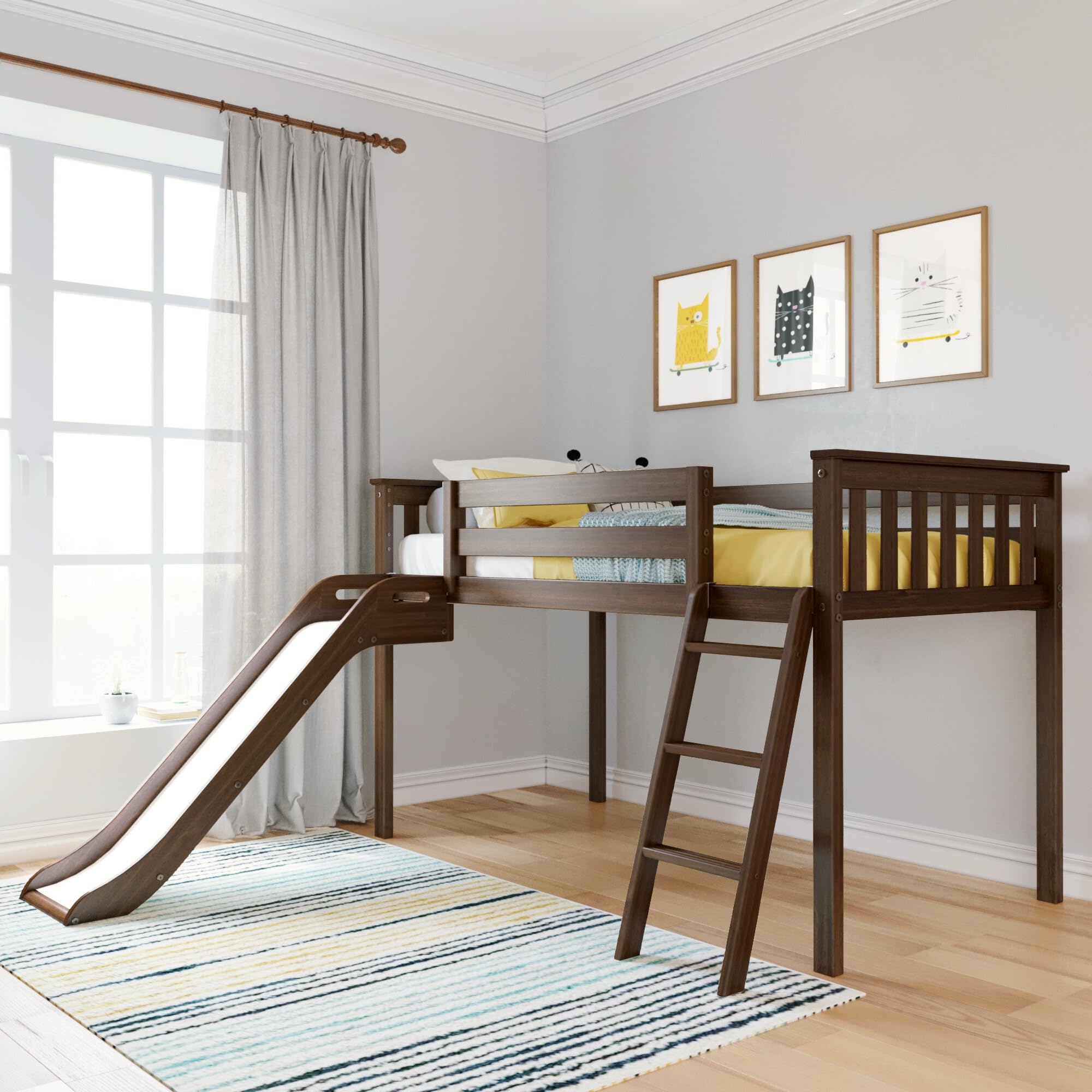 Photo 1 of Max & Lily Twin Size Low Loft Bed with Slide and Ladder, Classic Solid Wood Kids Bedroom Furniture, 400 lbs Weight Capacity, 14" Safety Guardrail, Anti-Slip Steps, Walnut