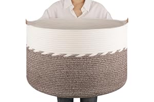 OIAHOMY 90L Blanket Basket for Living Room, Large Basket 23" x 23" x 13" with Handle, Laundry Hamper for Blankets, Pillows, Toy Storage for Kids, Dogs - Brown & White