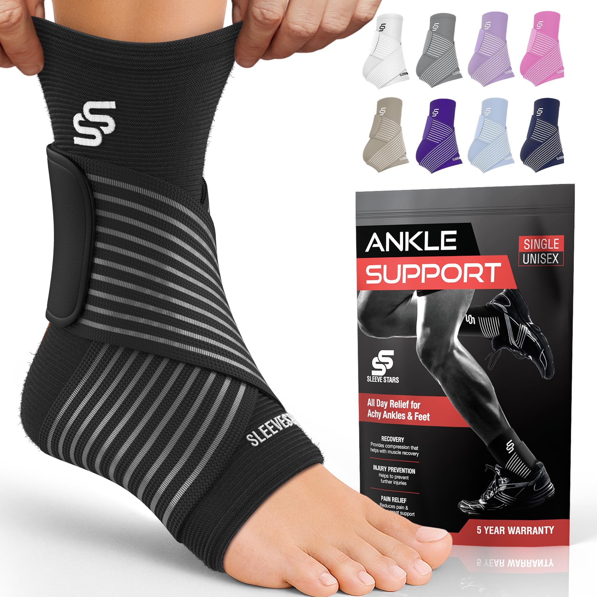 Photo 1 of Sleeve Stars Ankle Brace for Women & Men, Ankle Wrap for Sprained Ankle, Compression Sleeve for Plantar Fasciitis Relief, Easy Customizable Support: w/Removable Strap (Single/S:9"-10"/Black)
