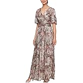 S.L. Fashions Womens Plus Size Long A-line Gown W/Flutter Sleeves & Ruched Waist, Wedding Guest, Party Dress
