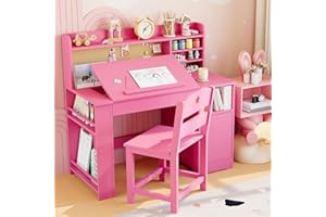Garvee Study Desk & Chair Set for Kids, Children Study Desk with Hutch and Tiltable, Wooden Student Writing Table with Storag
