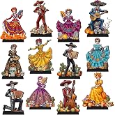 Mifoci 12 Pcs Day of The Dead Decorations Sugar Skull Dia De Los Muertos | Wooden, Mariachi Dancing Skeleton Couple Table Centerpiece, Ofrenda, Altar, for Halloween, Mexican Fiesta, Party Decor