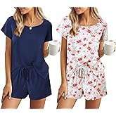 Ekouaer 2 Pack Womens Pajama Sets Short Sleeve Sleepwear Soft Crew Neck Pj Shorts Set Printed Loungewear Set S-XXL