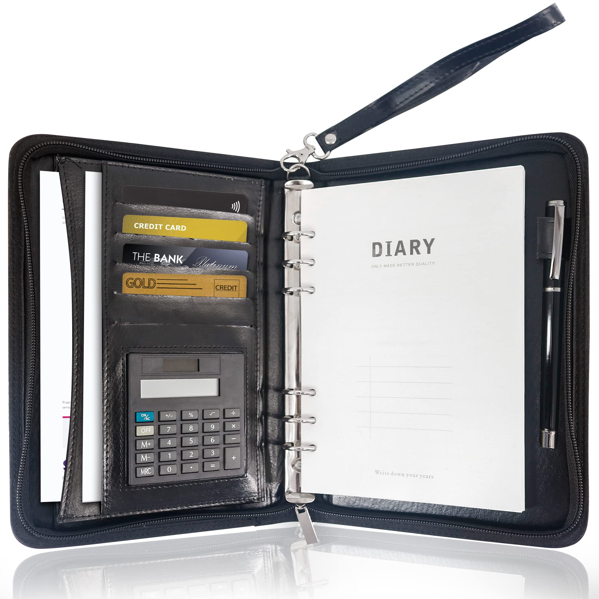 GraduatePro A5 Clipboard Folder with 120 Note Paper and 6-Ring Binder, Waterproof Business Organizer Without Calculator-（Black）