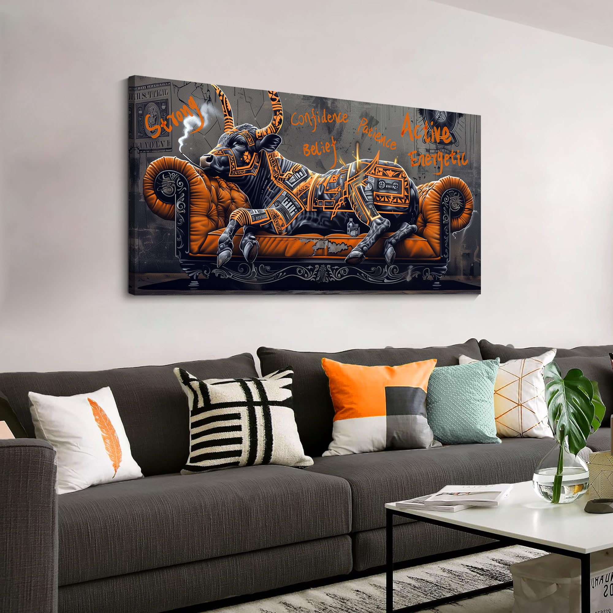 Photo 1 of ***FACTORY SEALED***JEAWA Modern Graffiti Wall Art, Large Canvas Painting Cow Strong Funny Graffiti Retro Poster Print Pictures for Living Room Bedroom Office Men Teenage Boy Game Room Home Decor 24x48 IN