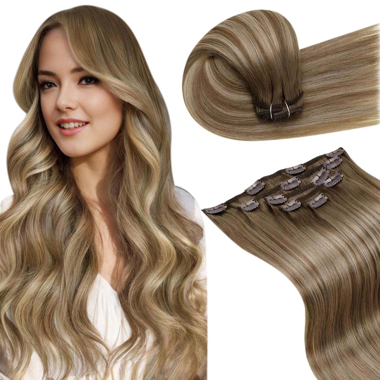 LaaVoo Clip in Hair Extensions Real Human Hair Light Brown Hair Extensions Clip in Straight Balayage Blonde Remy Hair Full Head Double Weft 80g 5pcs 22 Inch #8/16/8