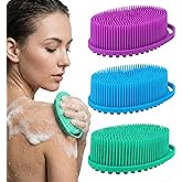 Silicone Body Scrubber Exfoliating 3 Pack, Shower Scrubber for Body,Loofah Alternative for Women Men, 2 in 1 Bath and Shampoo Brush with Handle,Body Exfoliator Tool for Skin, Back-Purple, Blue, Green