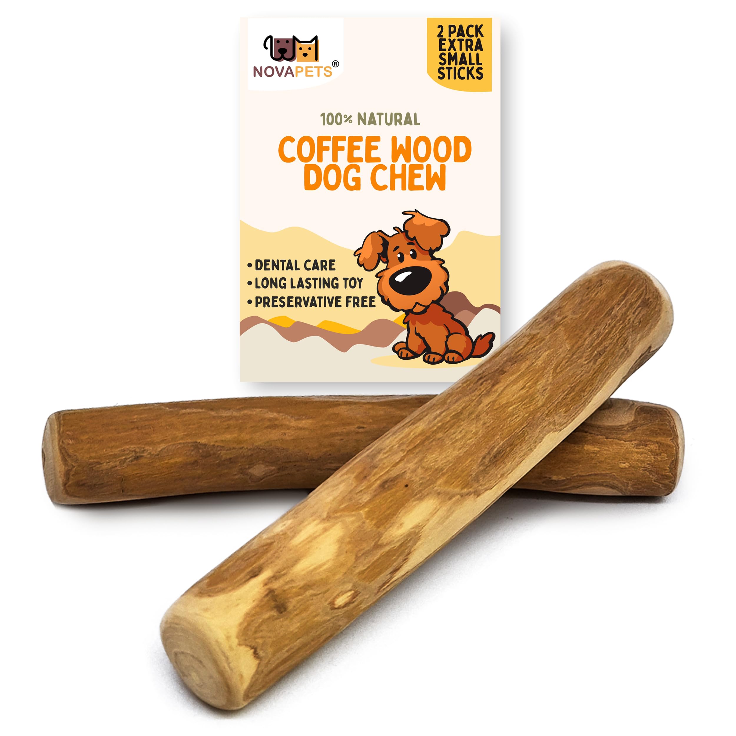 NOVAPETS Coffee Wood Dog Chew Stick for Puppies- Natural Puppy Teething Toy - Pack of 2 Size XS