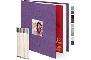 COLEMOLY Photo Album Self Adhesive 60 Pages Large Bright Purple Linen Hardcover for 2x3 3x5 4x6 5x7 6x8 8x10 Pictures (11x10.6inch) with 10 Metallic Pen, Magnetic Scrapbook Album for Your Family and Friends