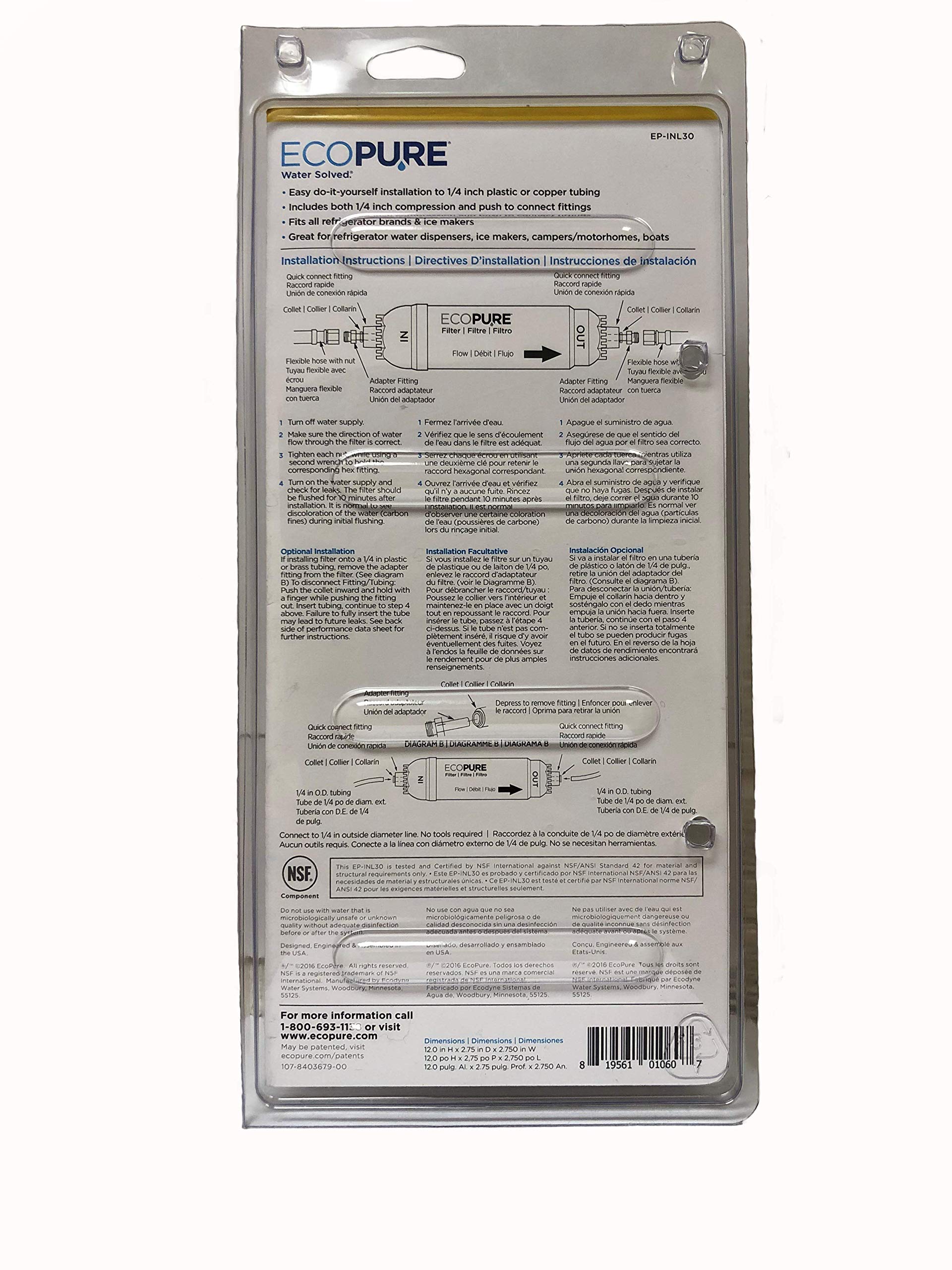 EcoPure EPINL30 5 Year in-Line Refrigerator Filter-Universal Includes Both 1/4