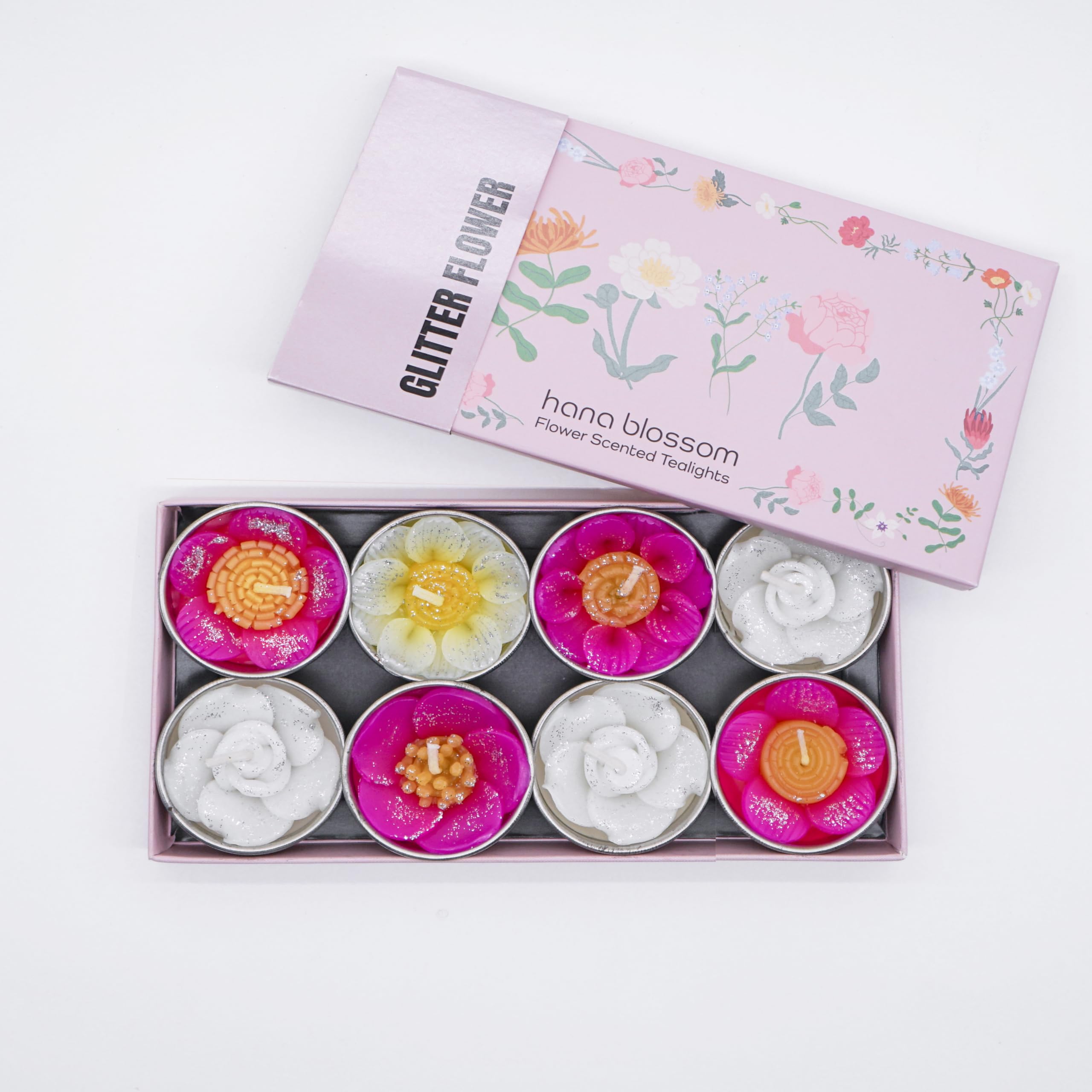 Hana Blossom Handmade Fairtrade Scented Glittered Flower Tealight Candle in Assorted Designs and Colours Gift Set, Set of 8