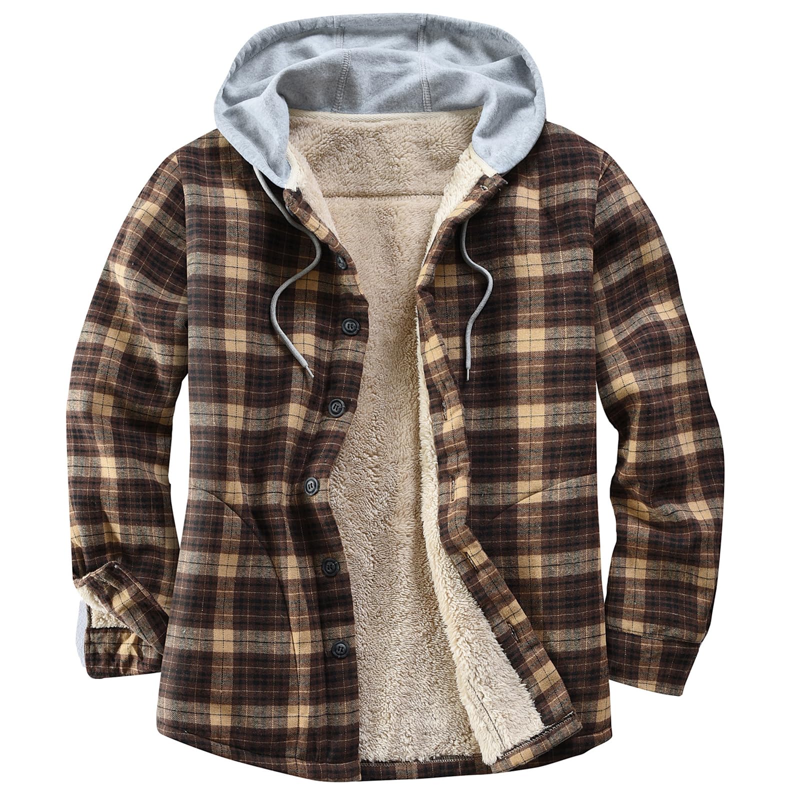 Derbars Men's Flannel Plaid Hoodie Sweatshirt Hooded Jacket Button Down Cotton Fleece Jacket with Pocket Brown Small Image