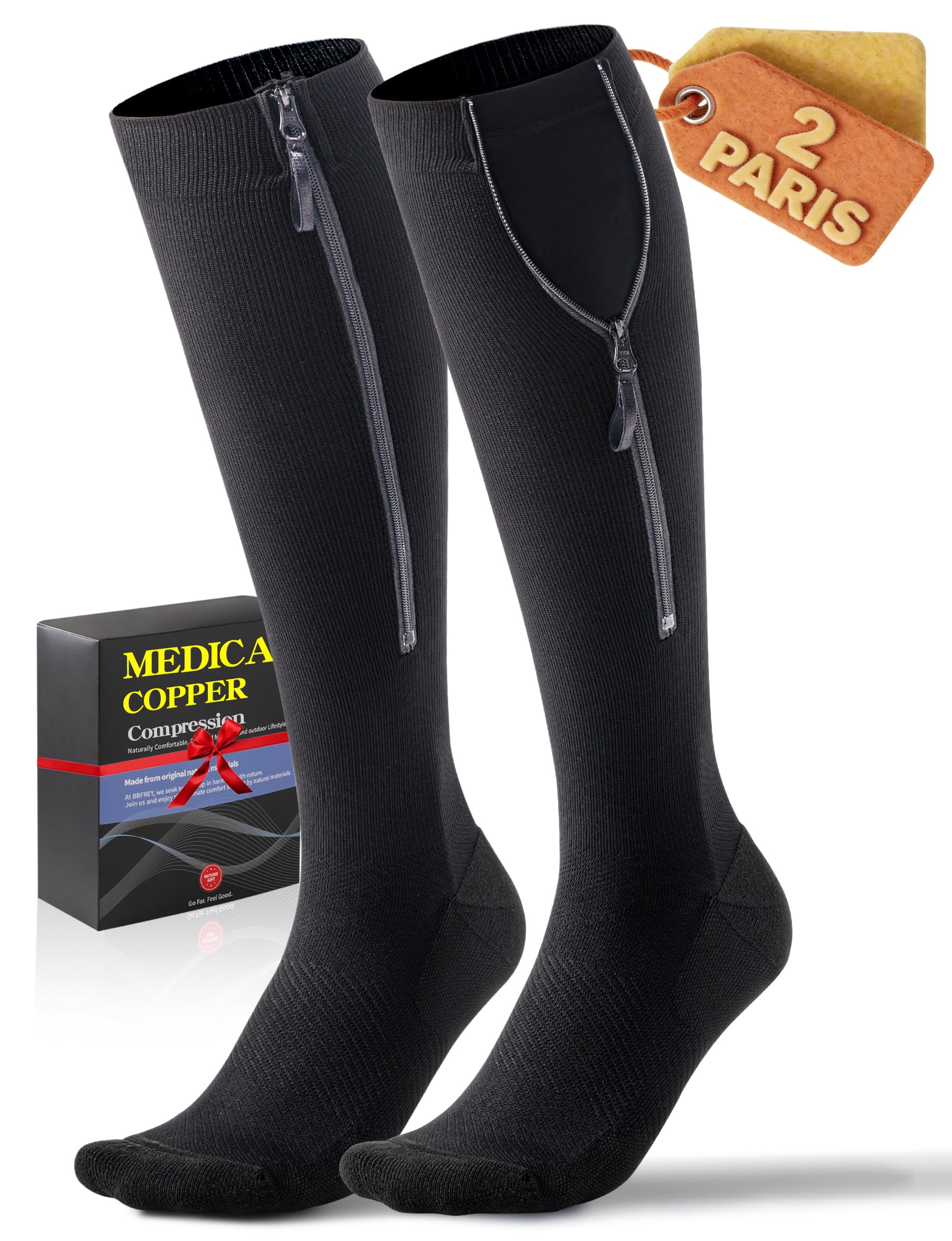 Photo 1 of Medical Zipper Compression Socks 20-30 mmHg for Women & Men (2 Pairs) - Easy On Copper Compression Socks for Circulation, Swelling, Odor Control, Athletic, Travel, Flying