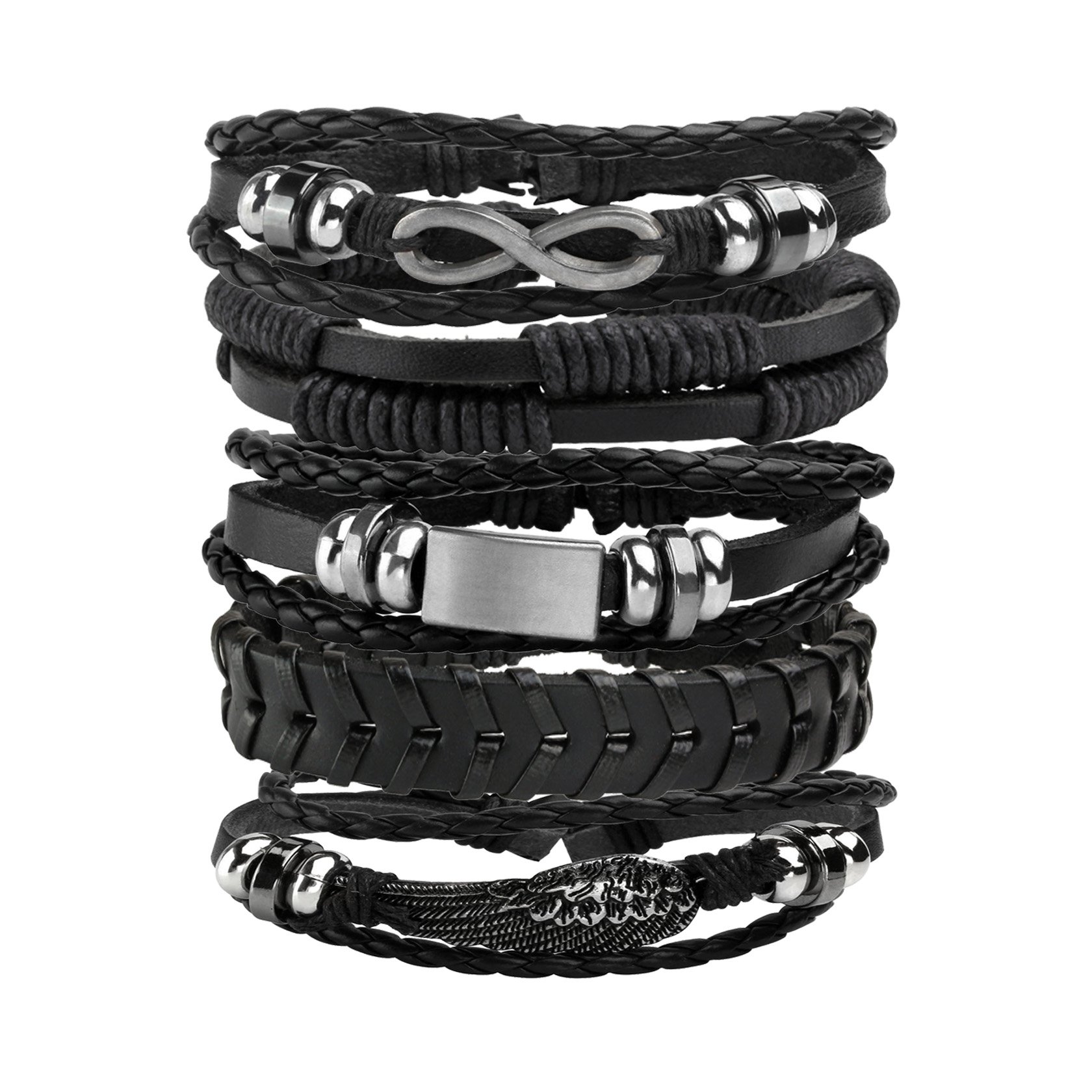 MILAKOO 5Pcs Braided PU Leather Bracelets for Men Women Punk Gothic Woven Cuff Wristaband Adjustable