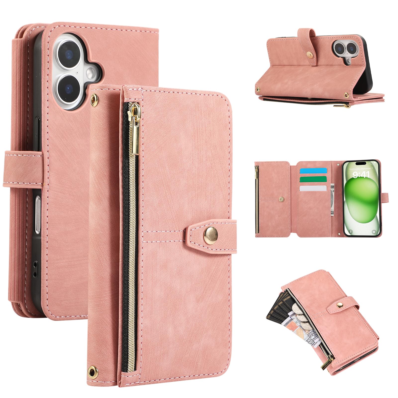 UEEBAI Wallet Case for iPhone 16 Plus 6.7", 9 Card Slots Retro Leather Wallet Shockproof Flip Cover with Hand Strap Card Slots Zipper Pocket Kickstand Handbag Magnetic Closure - Rose Gold