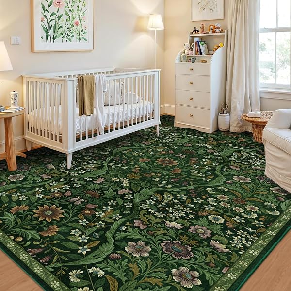 FLORAL WASHABLE 6X9 AREA RUG,DARK GREEN BOHO RUGS FOR LIVING ROOM, SOFT LOW-PILE NON-SLIP STAIN RESISTANT & NON-SHEDDING CARPET FOR BEDROOM, DINING ROOM, OFFICE, ENTRYWAY, NURSERY