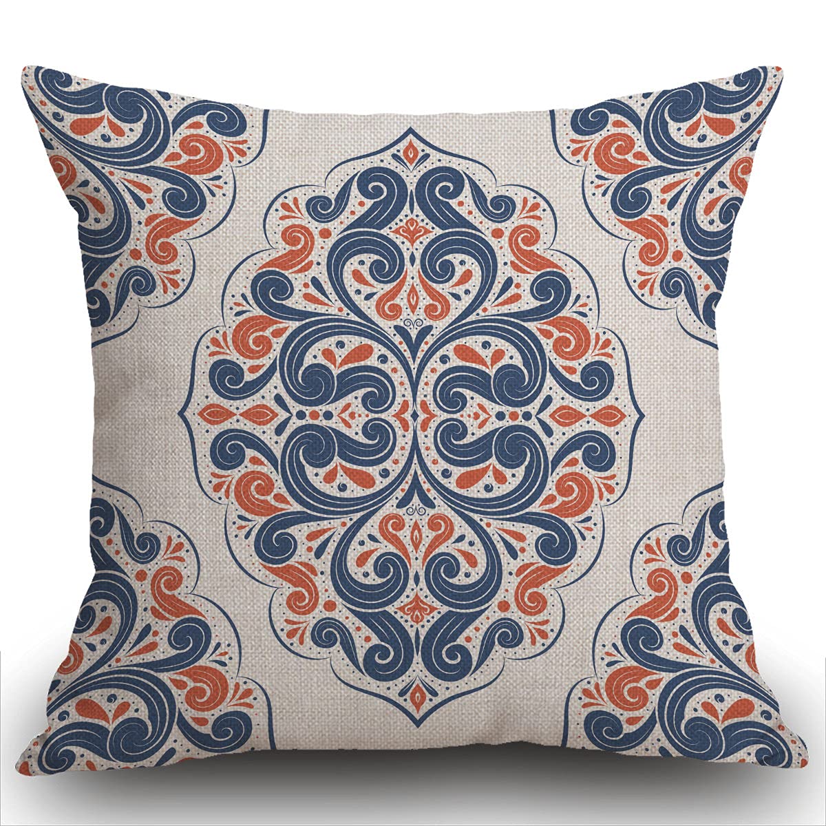Smooffly Orange Cushion Cover, Blue Orange Ornamental Seamless Pattern Vintage Paisley Square 18 x 18 Inches Decorative Throw Pillow Cover Cotton Linen for Sofa Bedroom Car, Blue 45x45cm