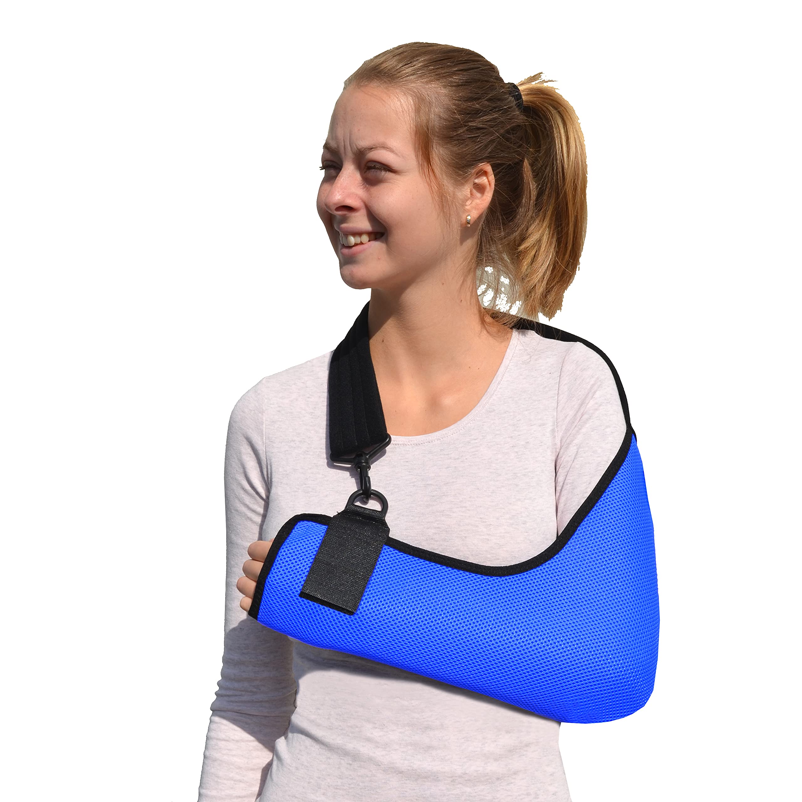 Arm Sling Adult (S, blue/black trim) Feel Safe, Easy to Fit, Cooling Fabric Technology, Fits R or L.