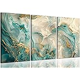 3Pcs Framed Teal White Marble Canvas Wall Art Abstract Marble Gold Foil Wall Decor Picture Modern Abstract Postres Prints for Living Room Bedroom Bathroom Office Artwork Home Decoration Ready to Hang