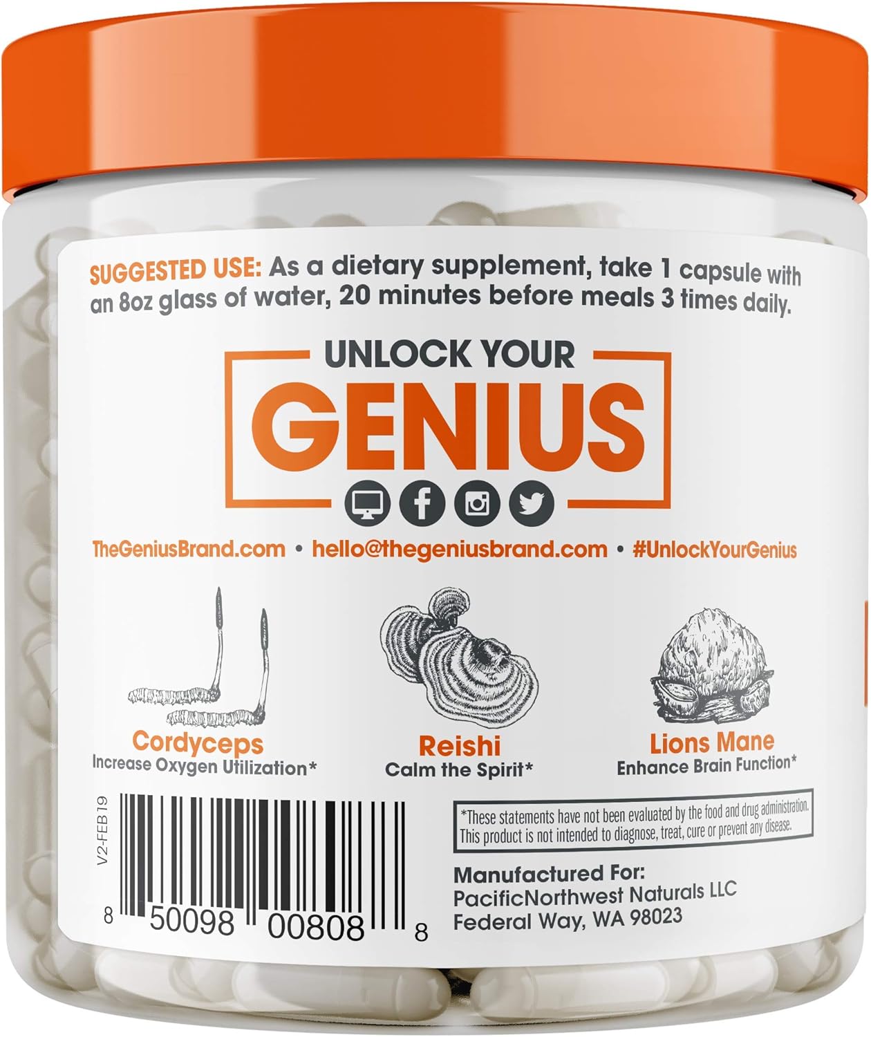Genius Mushroom – Lions Mane, Cordyceps and Reishi – Immune System Booster & Nootropic Brain Supplement – Wellness Formula for Natural Energy, Stress Relief, Memory & Liver Support, 90 Veggie Pills: Health & Personal Care