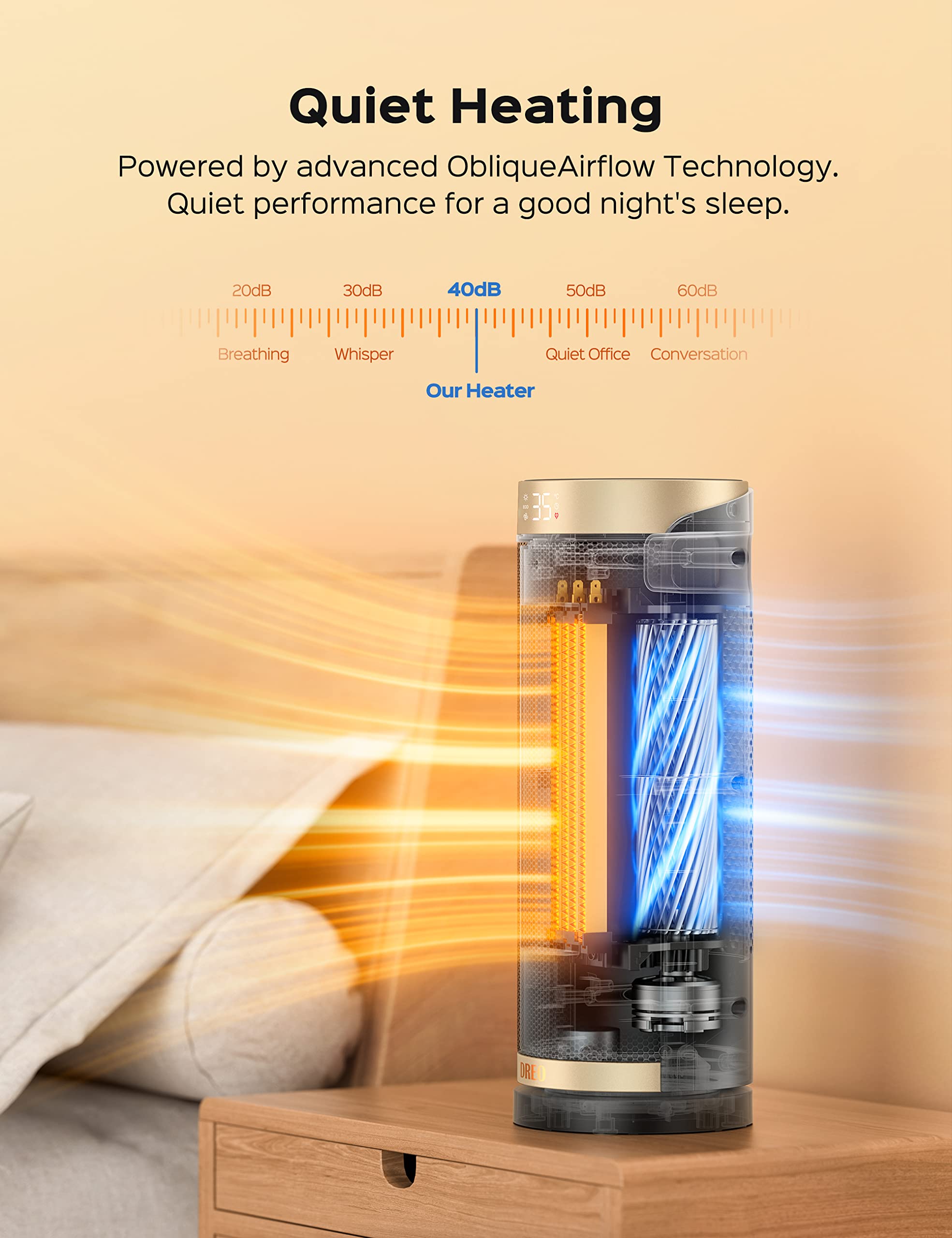 Dreo 16 Inch Electric Heater for Home, 34dB Silent Ceramic Heater, 70° Oscillation Space Heaters Energy Efficient, 3-Mode 3-Speed, Overheating & Tip-Over Protection, 12H Timer, Solaris Slim H3