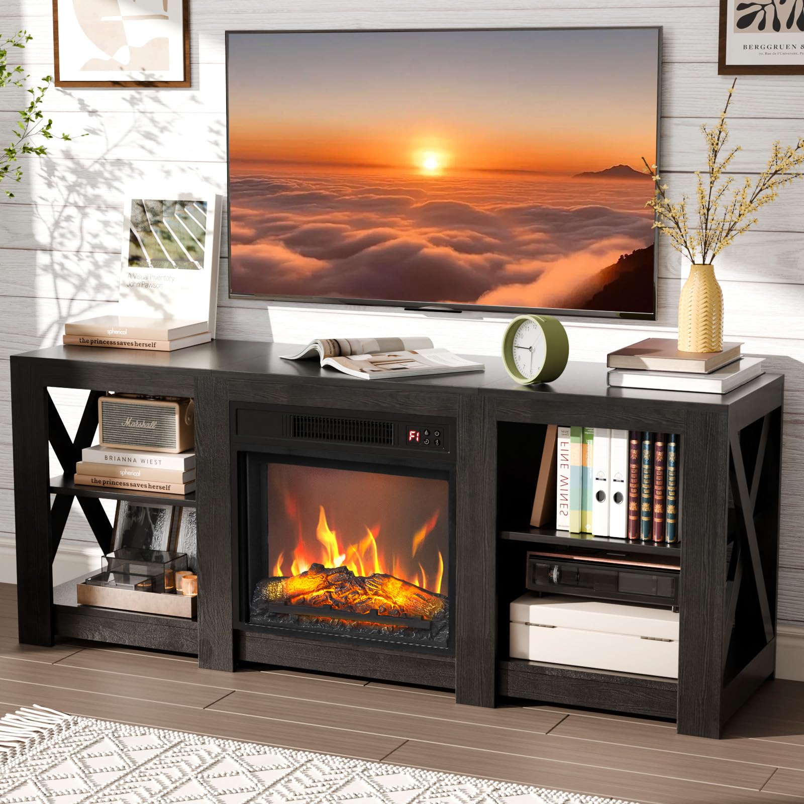 Photo 1 of ***THIS IS ONLY THE FIREPLACE AND REMOTE**THERE IS A BOX MISSING***VINGLI Fireplace TV Stand for up to 70 inch TVs, Farmhouse Entertainment Center with Electric Fireplace Heater & Adjustable Shelves, Fireplace Media Console Table for Living Room, Black JU