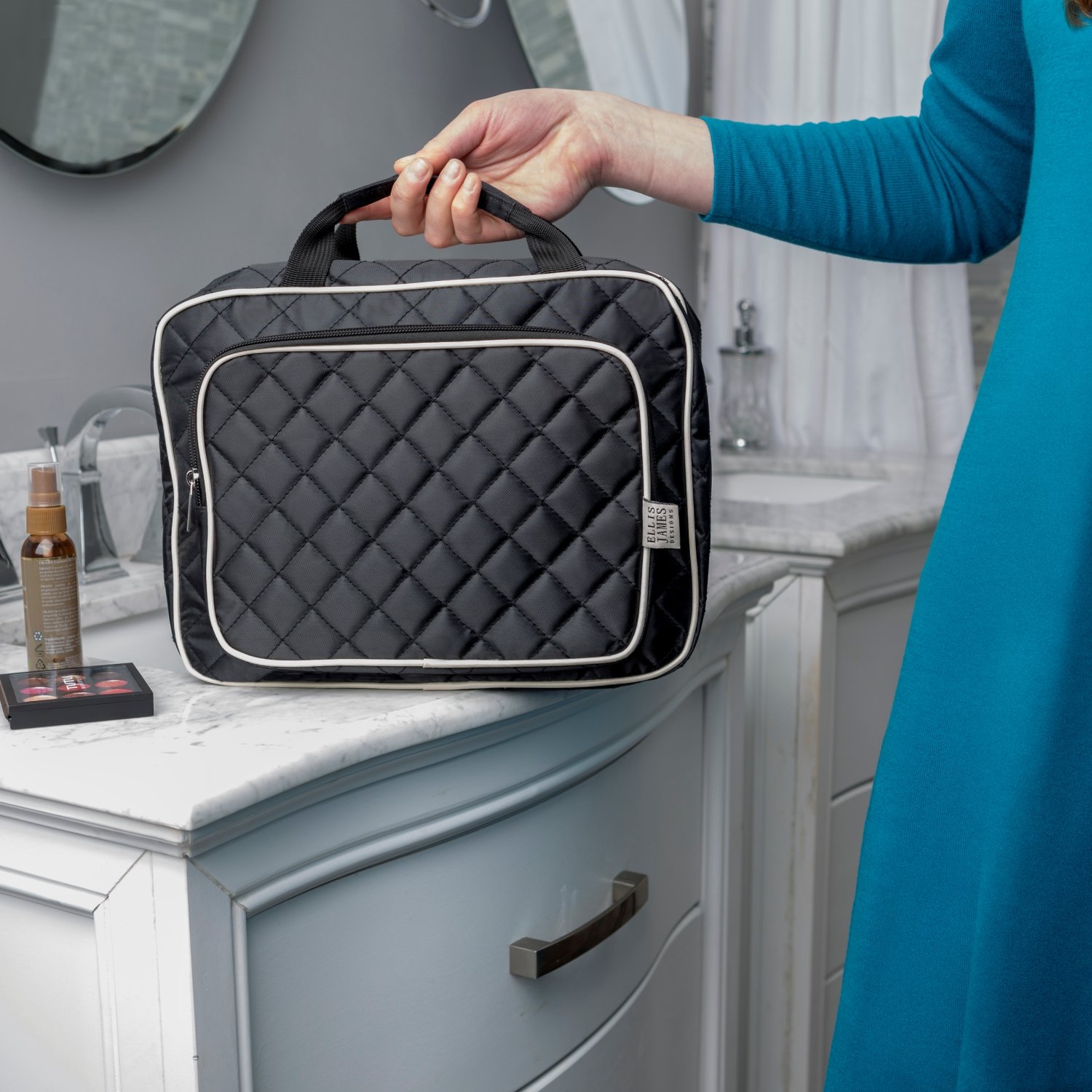Ellis James Designs Large Travel Toiletry Bag for Women with Hanging Hook, Black, Big Wash Bags - Hair Dryer Case - Multi-use Toiletries Kit Cosmetics Makeup XL Bathroom Organizer Suitcase Luggage