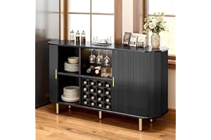 DHH 55" Wine Bar Cabinet with Storage, Fluted Liquor & Coffee Bar Cabinet with Wine Rack and Glass Holder, Buffet Sideboard with LED Lights for Home Kitchen Living Dining Room (Black)