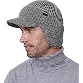 Wmcaps Winter Beanie with Brim and Ear Flaps, Fleece Lined Warm Knit Hat for Men Women Outdoor Thermal Stocking Cap