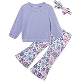 mikiumkee Toddler Girl Clothes Crewneck Long Sleeve Top+Floral Flared Pants Bell Bottom Outfits with Headband 1-6T