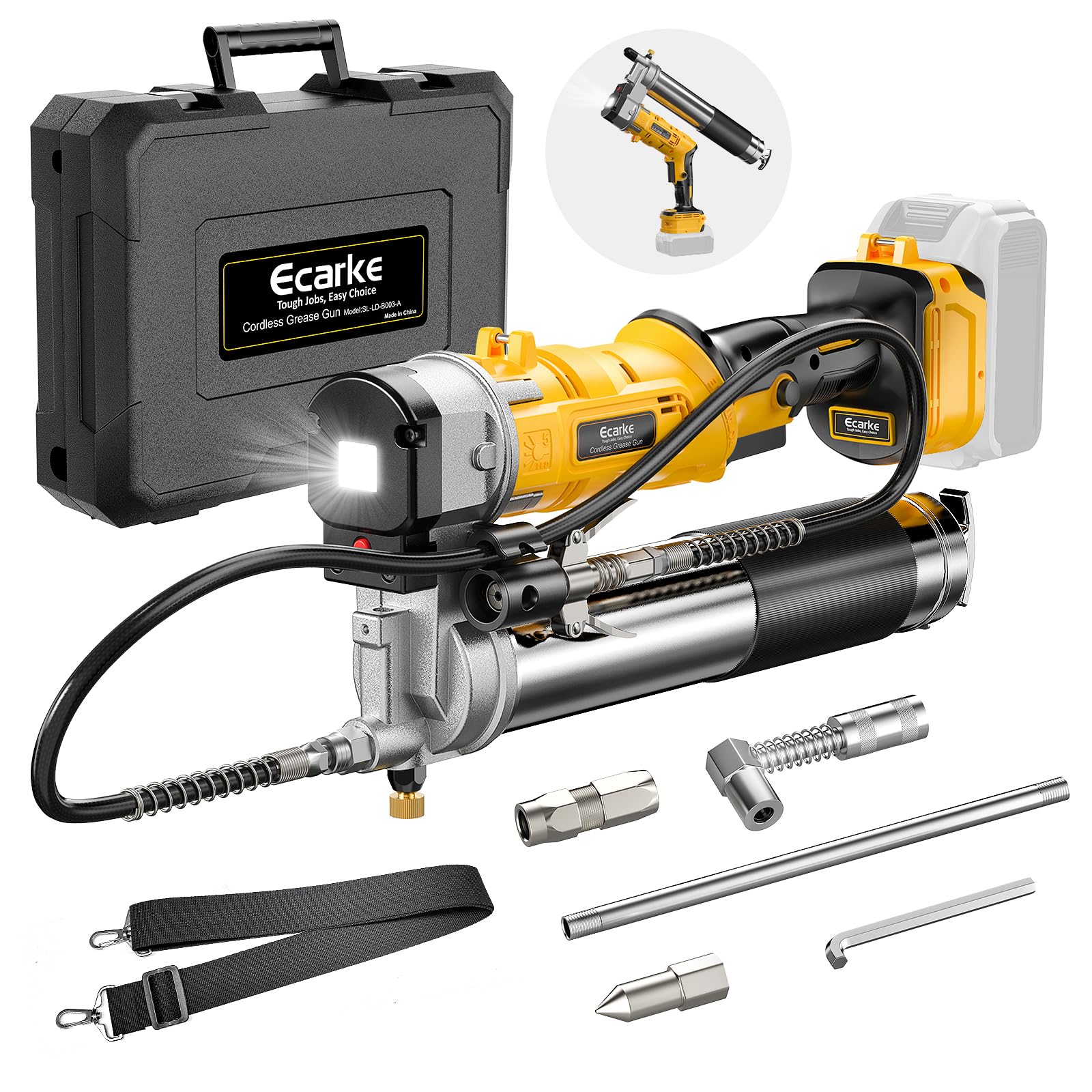 Photo 1 of Ecarke Cordless Grease Gun Compatible with DeWalt 20V Battery, 12000PSI Max Electric Grease Gun, Dual Pistol & in-Line Grip, Works with Bulk & Cartridge Grease, with 39" Hose & 4 Couplers (Tool Only)
