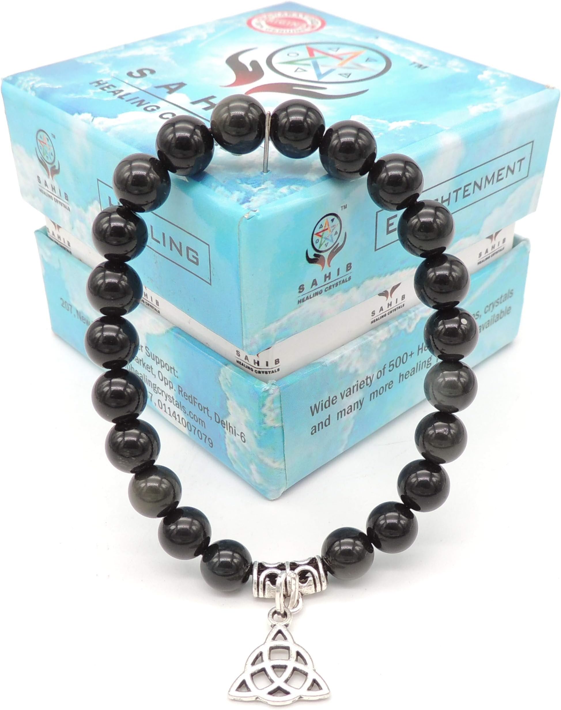 Black Obsidian Charm Bracelet 8 mm Beads, Diameter: 2.5 in; for Reiki, Vastu, Feng Shui. Gift, Fashion Jewellery