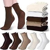 Jamntower 10 Pairs Pilates Socks with Grips for Women Crew Non Slip Ruffle Frilly Cuff Yoga Socks Bulk Pilates Gifts for Athletic Workout Barre Casual 5 Colors