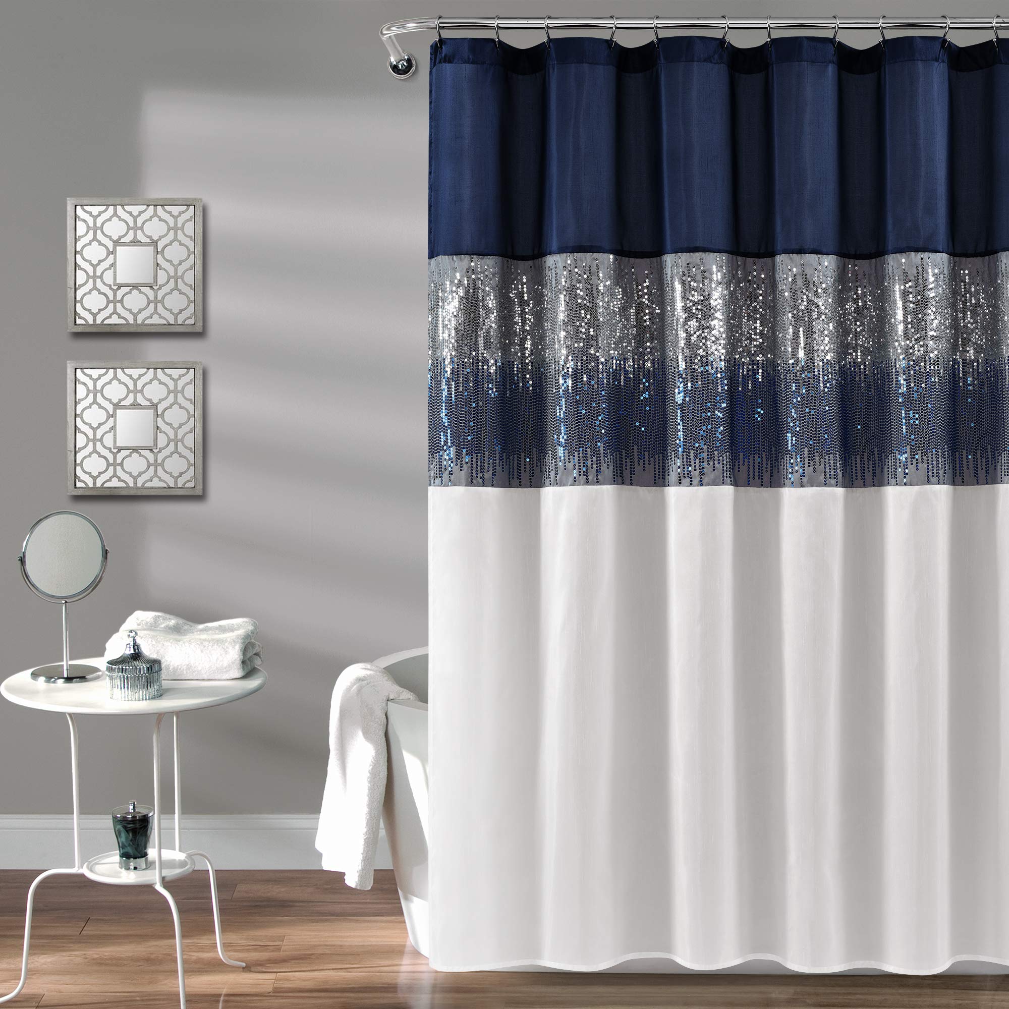Lush Decor Night Sky Shower Curtain, Single, 72″ W x 84″ L, Navy & White – Sequin Shower Curtain – Sparkly Color Block Bath Curtain – Modern Glam Bathroom Decor – Extra Long Shower Curtain
