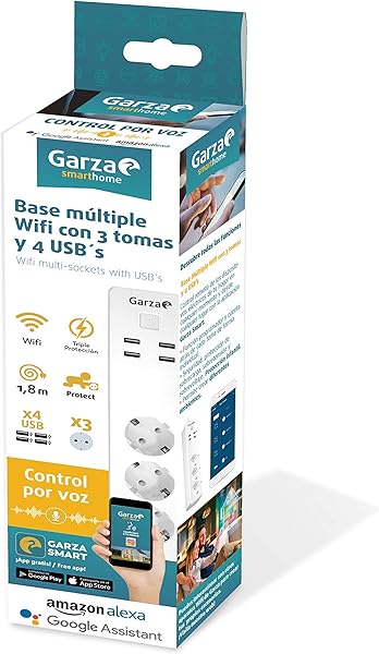 Garza Smarthome Regleta enchufe mltiple wifi inteligente con 4 tomas y 3 puertos USB compatible con Alexa y Google Home Base mltiple programable temporizador control remoto a travs de app