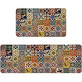 HSOWKDN Mexican Talavera Kitchen Rugs Sets of 2 Non Slip Washable, Mexican Tile Kitchen Mats for Floor 2 Piece Home Decor
