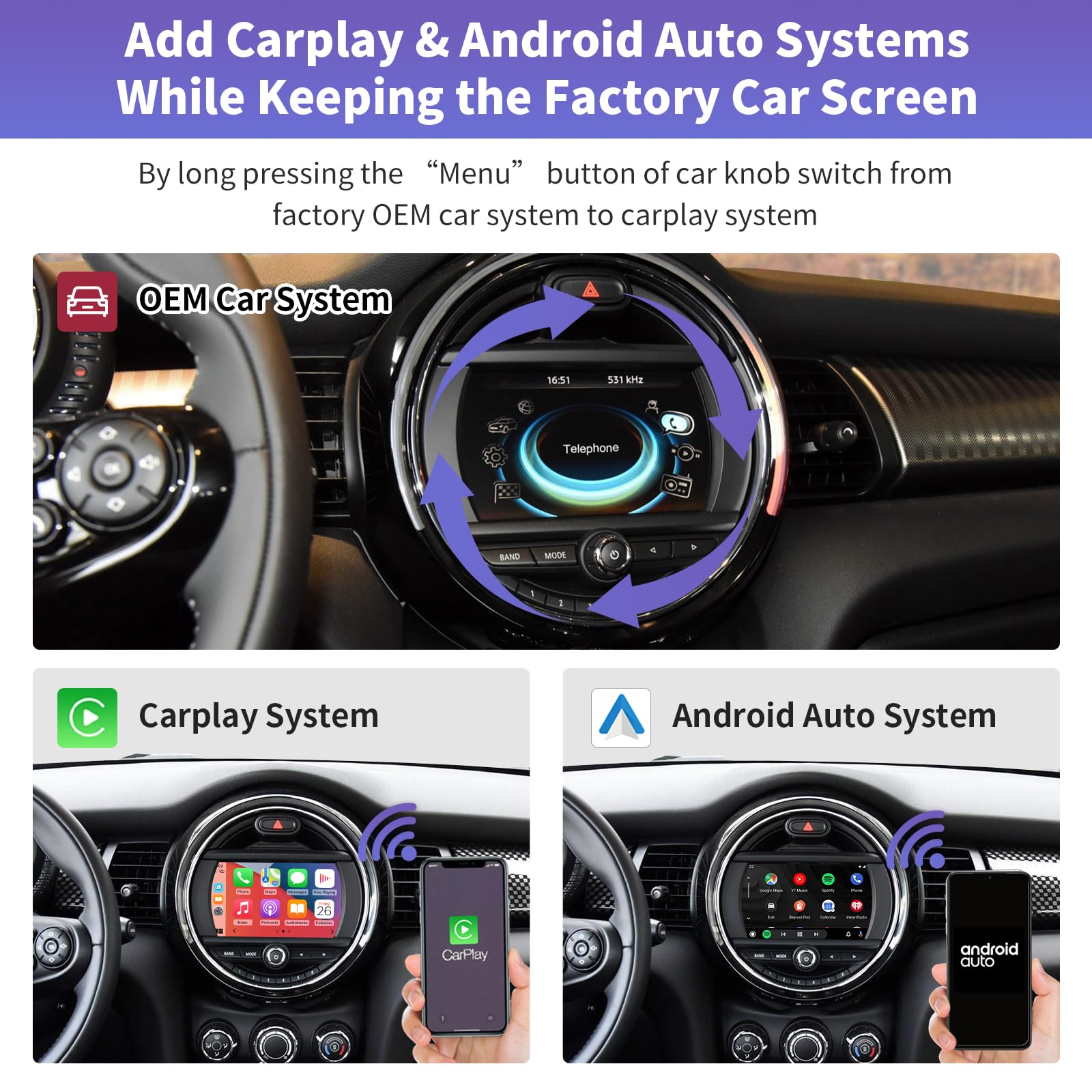Road Top Wireless Carplay Android Auto for BMW Mini Cooper One Hatch Clubman F55 F56 F54 F57 NBT System 2014-2018 Year, Support Mirrorlink, Reverse Camera, Navigation