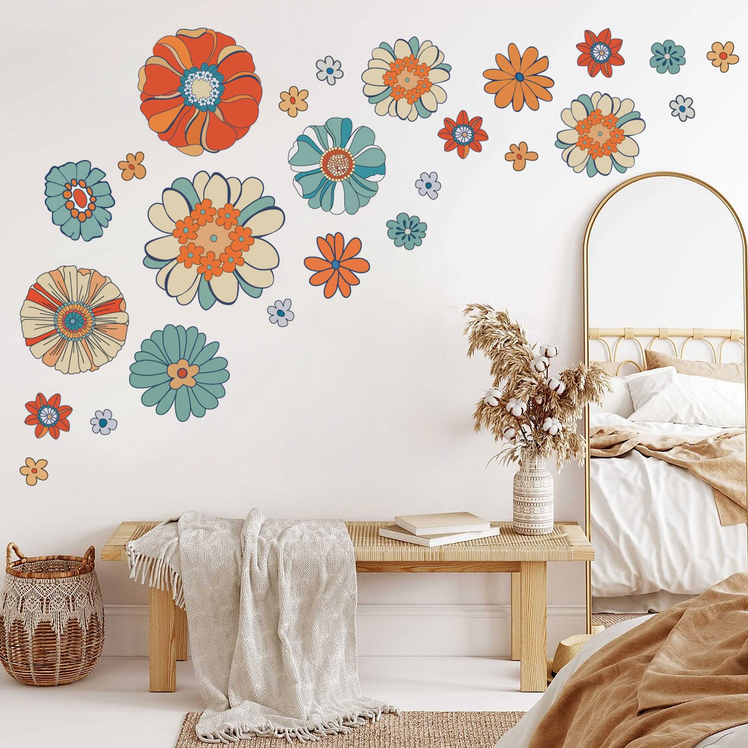 Tanlaby Boho Retro Floral Wall Stickers, Colorful Large Vintage Flower Wall Decals, Wall Art Sticker for Bedroom Living Room Offices Sofa TV Backdrop Wall Decor — image 1