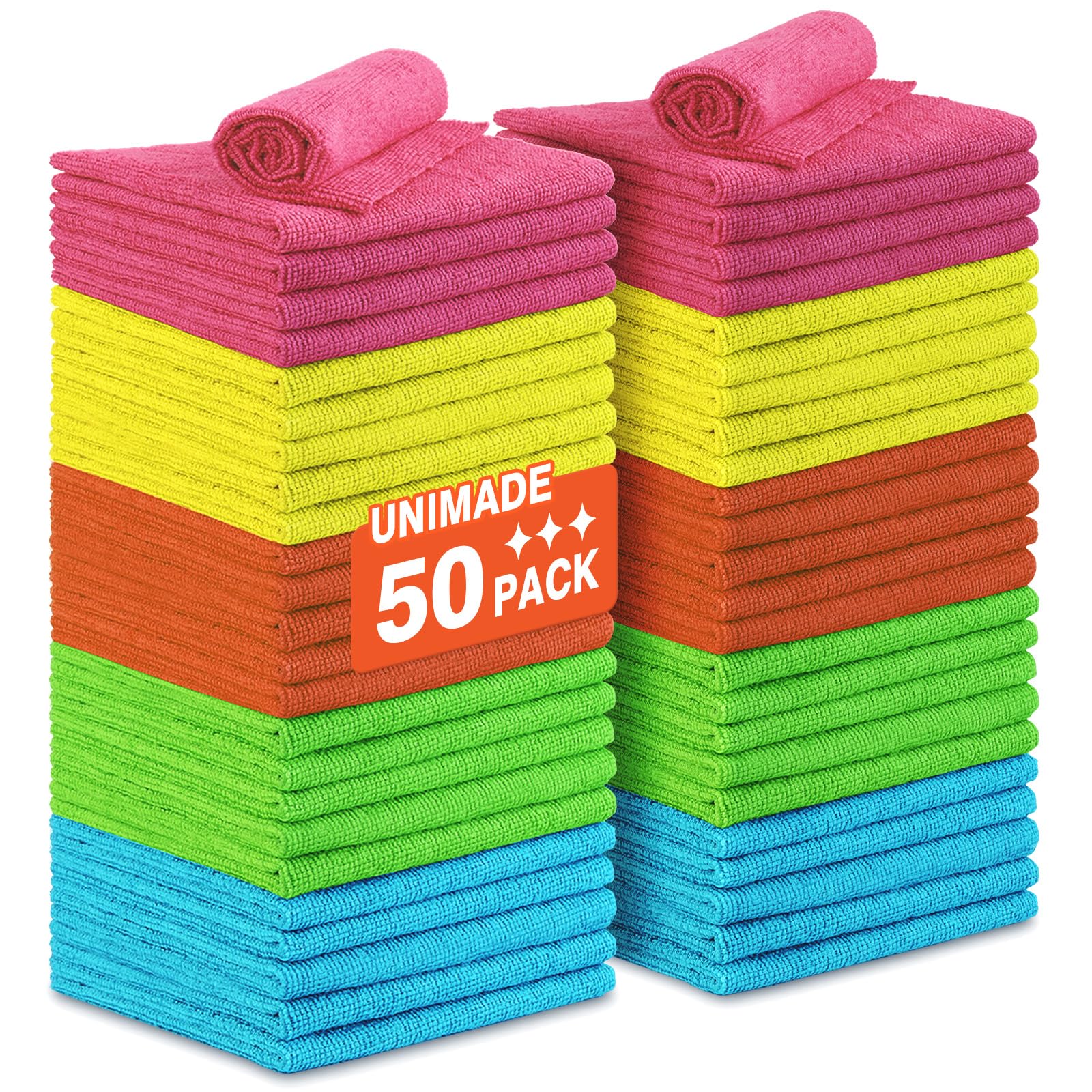 Photo 1 of UNIMADE Microfiber Cleaning Cloth, 50PK Reusable Shop Rags Bulk Microfiber Cleaning Cloth Lint Free Cleaning Towels for Car Kitchen Automotive Bar Mechanic Restaurant Garage, 11.5"x11.5", Multicolor