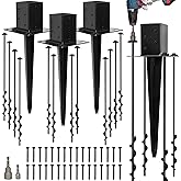 LADECH Set of 4 4x4 Fence Post Anchor Ground Spike 24” Length with Ground Anchors Screw in - Metal Black Powder Coated – Mailbox Post Anchors – Fit 3.5x3.5 Square