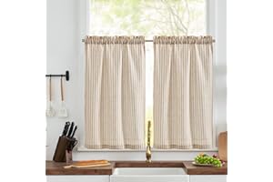 jinchan Linen Kitchen Curtains 24 Inch Length Striped Tier Curtains Ticking Stripe Small Drapes for Living Room Bathroom Cafe Small Window Farmhouse Rustic Pinstripe Rod Pocket 2 Panels Tan