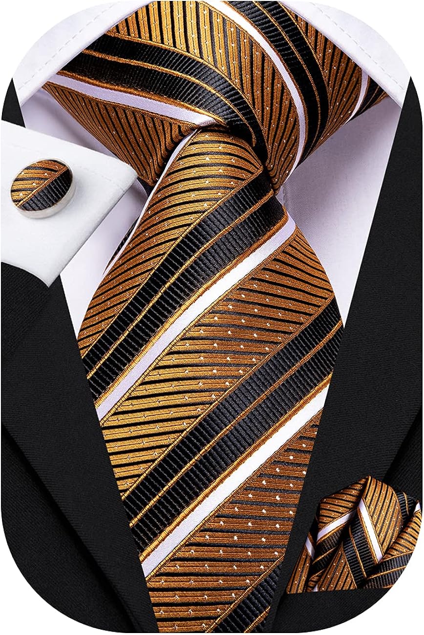 Hi-Tie Mens Gold and Black Ties Striped Woven Silk Classic Necktie with Pocket Square and Cufflinks Set Wedding Busienss: Clothing