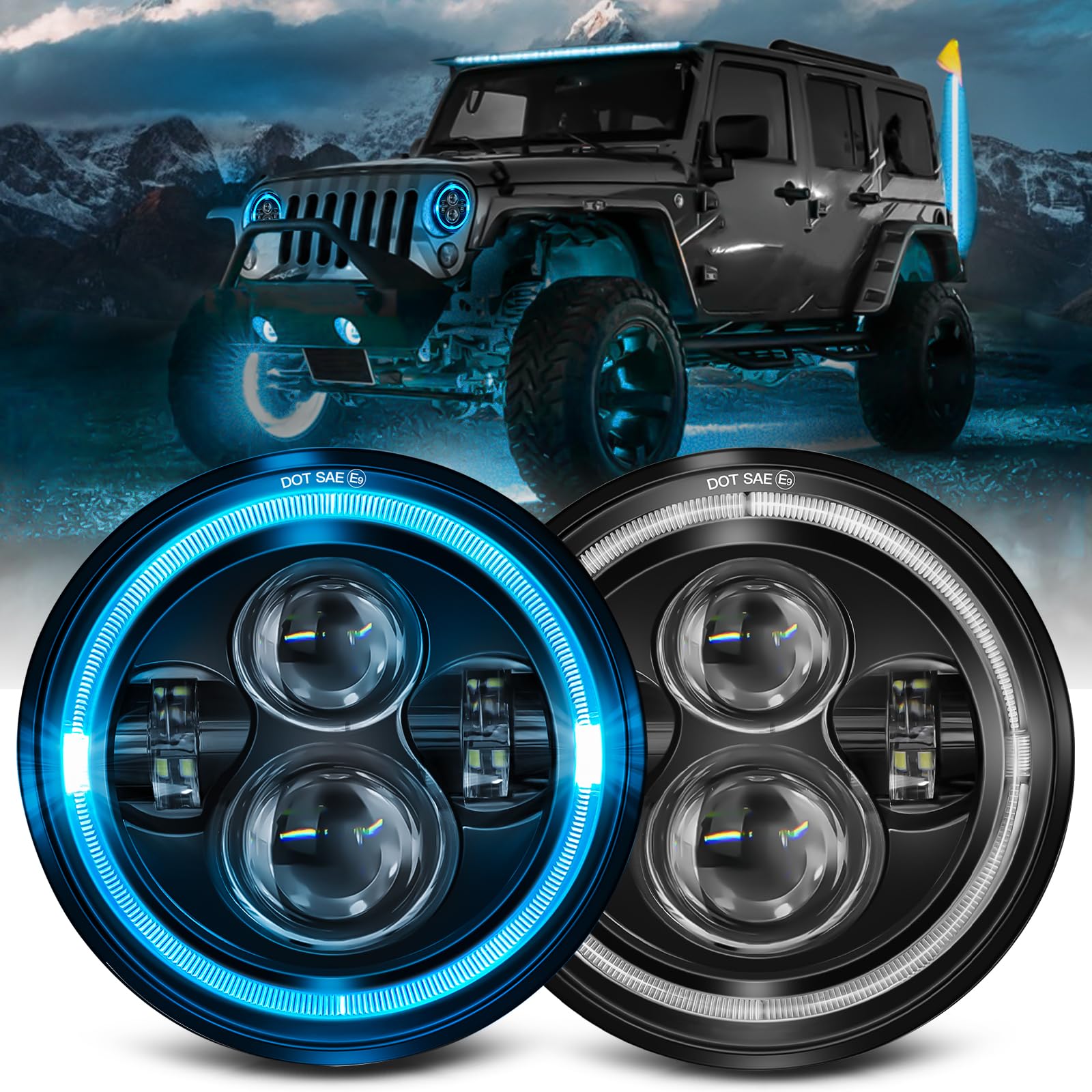 Photo 1 of UNI-SHINE 7 inch Ice Blue Halo led Headlight Hi/Lo Beam with Amber Turn Signal 2pcs 7 inch led Headlight Round H6024 LED Headlight Compatible with Jeep Wrangler JK TJ CJ, Compatible with Chevy