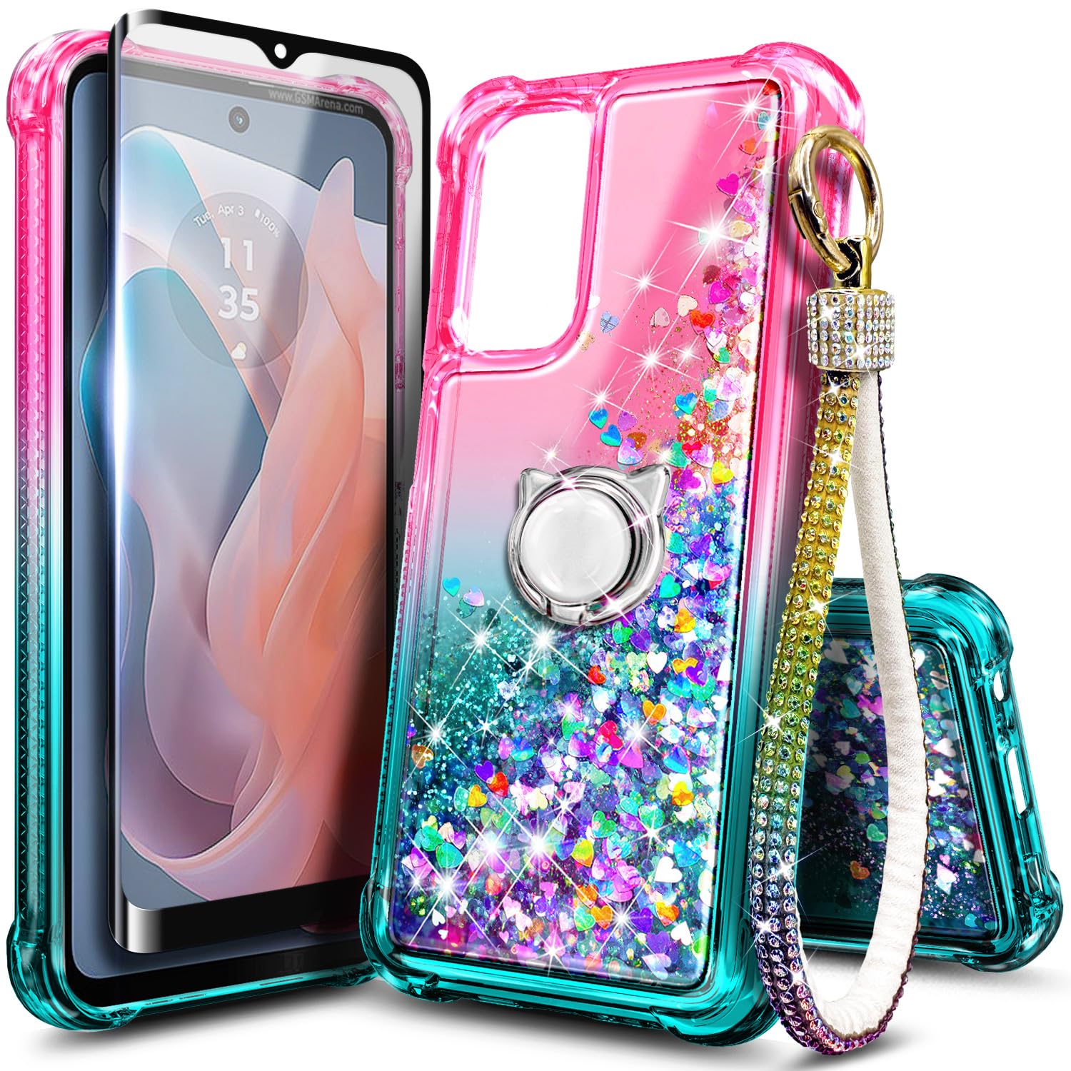 Photo 1 of WDHD Compatible with Motorola Moto G-5G-2024 Case Pink/Aqua | Glitter Bling Sparkly Floating Liquid Cute Phone Cover with Tempered Glass Screen Protector/Ring Holder/Diamond Wrist Strap Lanyard