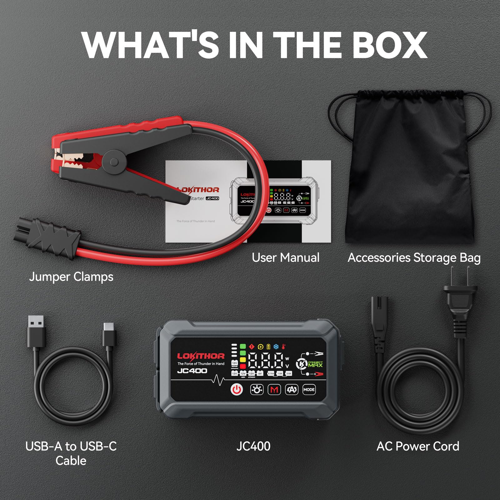 LOKITHOR JC400 9-in-1 Jump Starter and Battery Charger, 2500A 12V Portable Jump Box for Upto 8.5L Gas/6.5L Diesel, 750mA/1A/2A, 6V/12V Automotive Battery Maintainer, Trickle Charger and Desulfator